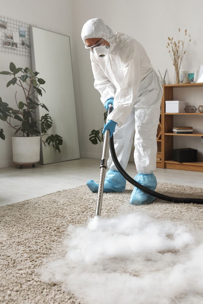 who-we-are A person in protective gear disinfecting a carpet with a fumigation device indoors.